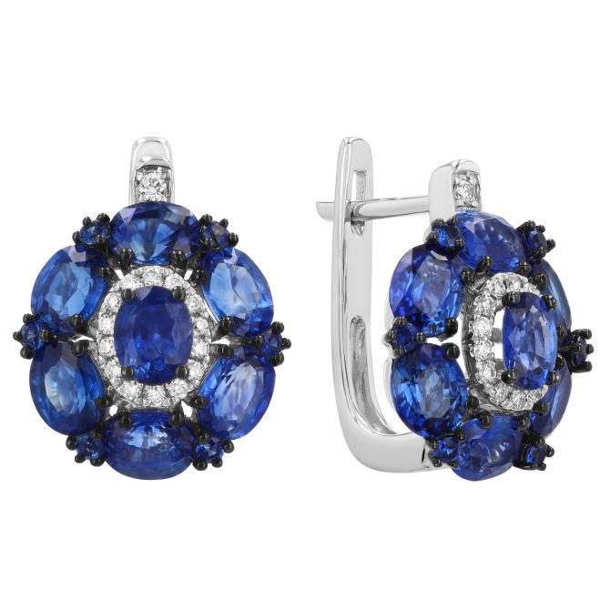 Oval Sapphire & Diamond Cluster Leverback Post Earrings in White Gold