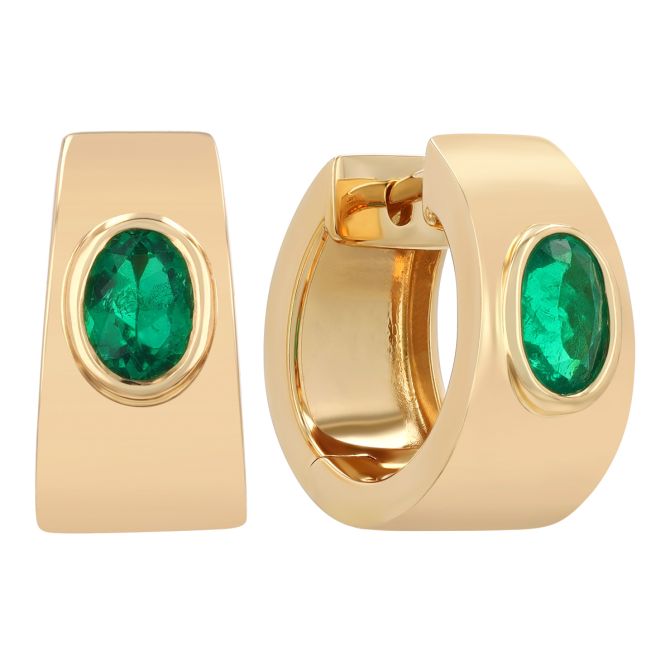 Yellow Gold Huggie Hoop Earrings with Oval Bezel Set Emeralds