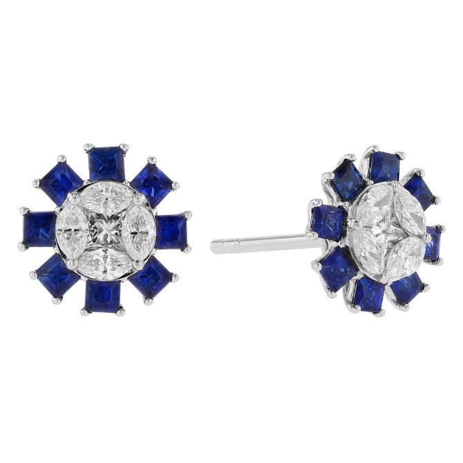 Princess Cut Sapphire & Diamond Cluster Illusion Stud Earrings in White Gold