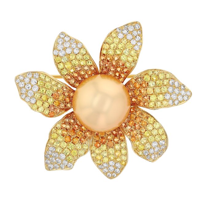 TARA Pearls Golden South Sea Cultured Pearl & Sapphire Pave Brooch in Yellow Gold