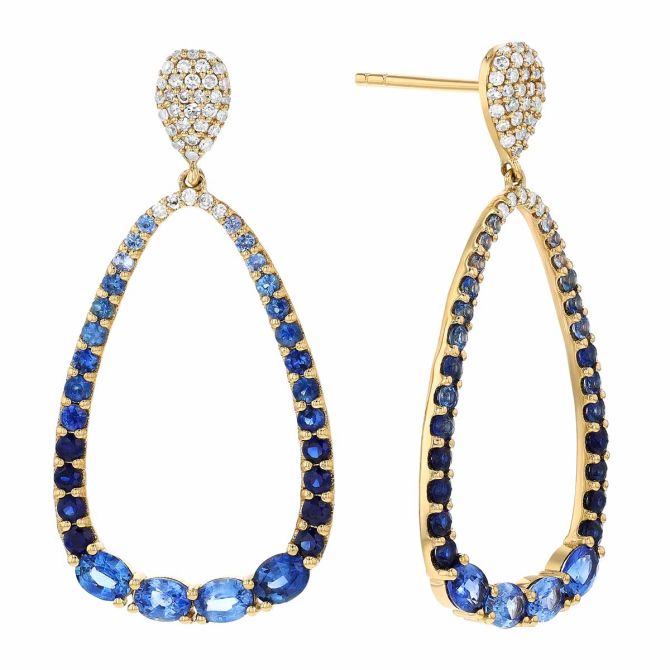 Ombre Sapphire & Diamond Open Teardrop Earrings in Yellow Gold