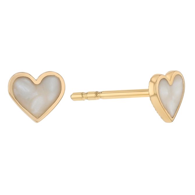 White Enamel Heart Stud Earrings in Yellow Gold