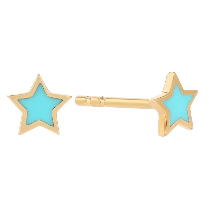 Turquoise Enamel Star Stud Earrings in Yellow Gold