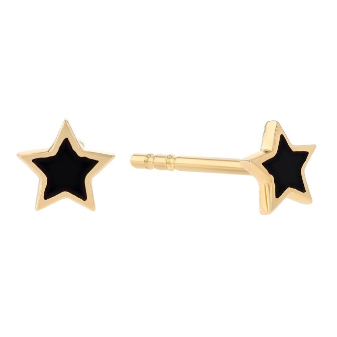 Black Enamel Star Stud Earrings in Yellow Gold