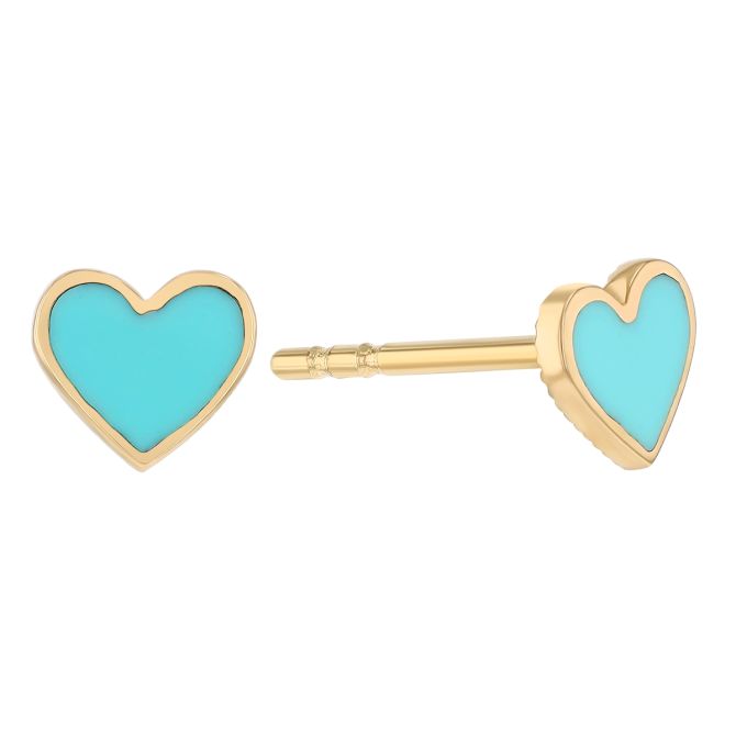 Turquoise Enamel Heart Stud Earrings in Yellow Gold