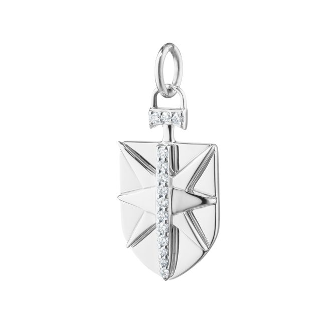 Monica Rich Kosann "Fearless" White Sapphire Shield Charm in Sterling Silver