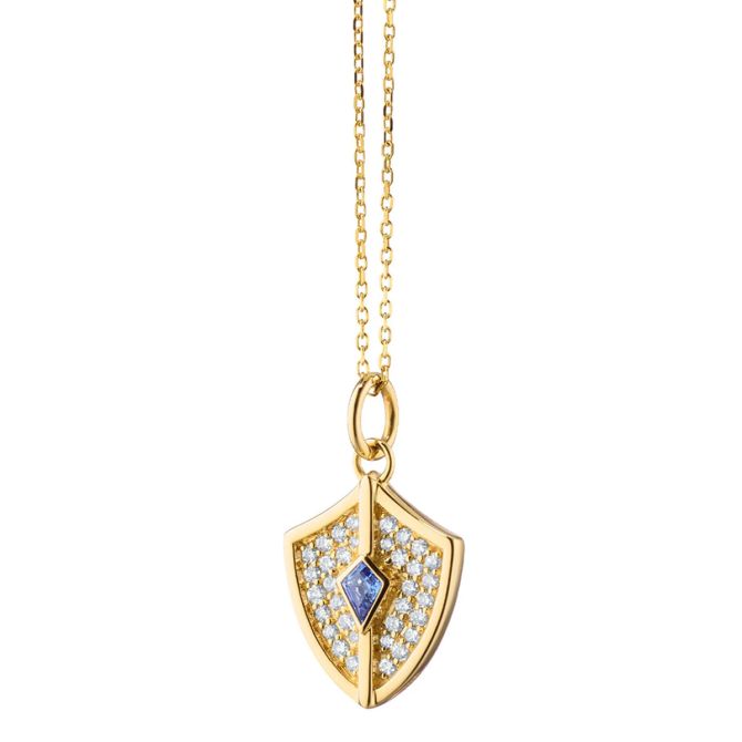 Monica Rich Kosann "Fearless" Trapezoid Sapphire & Diamond Shield Pendant in Yellow Gold, 17"