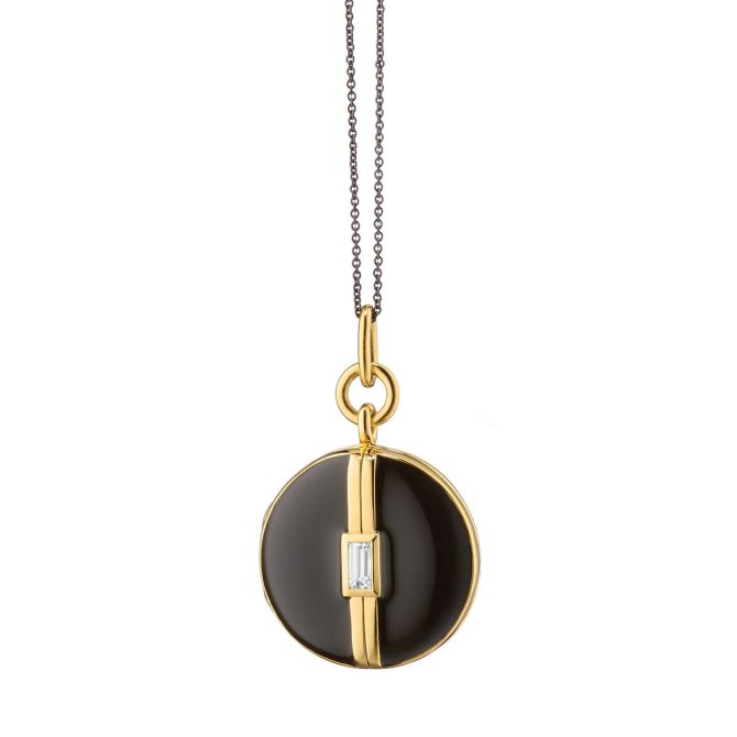 Monica Rich Kosann Baguette White Sapphire & Black Enamel Locket in Yellow Gold Vermeil, 17"