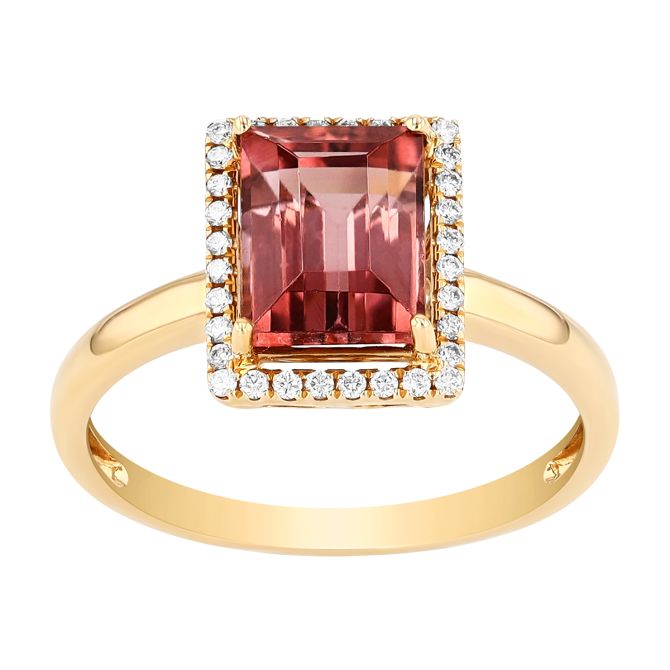 Pink Tourmaline Emerald Cut Ring with Diamond Halo in Yellow Gold