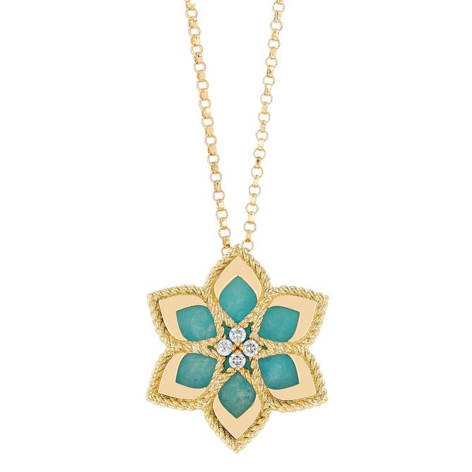 Roberto Coin Vernazza Amazonite & Diamond Flower Pendant in Yellow Gold