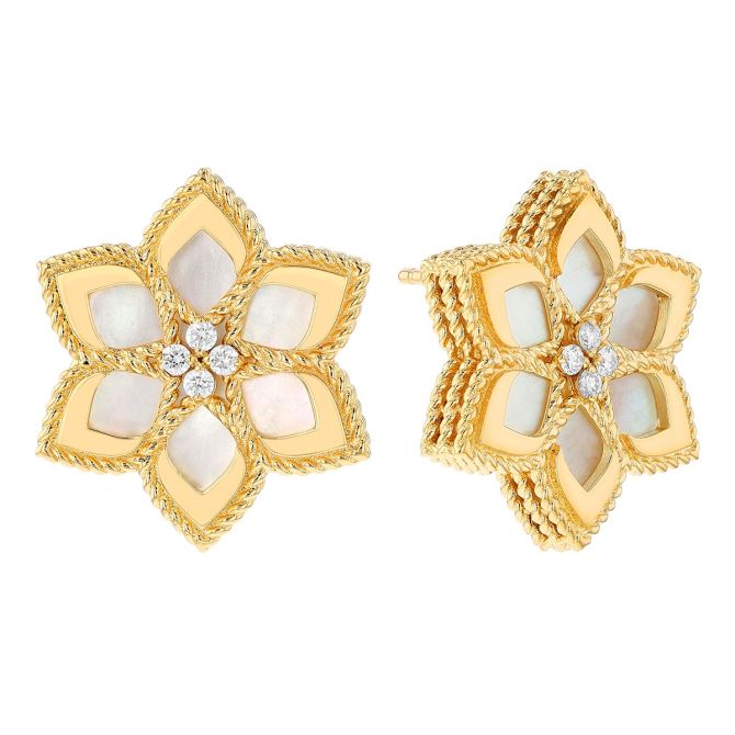 Roberto Coin Vernazza Diamond &  Mother of Pearl Flower Stud Earrings in Yellow Gold