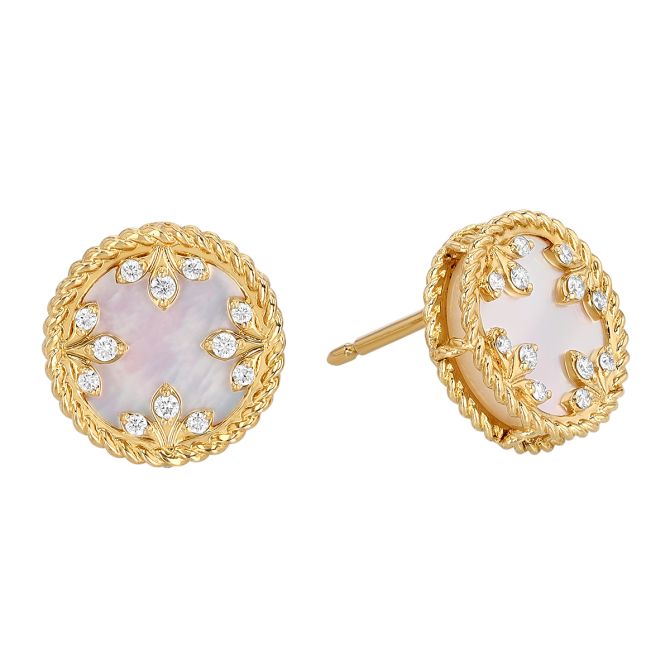 Roberto Coin Mother of Pearl & Diamond Medallion Stud Earrings in Yellow Gold