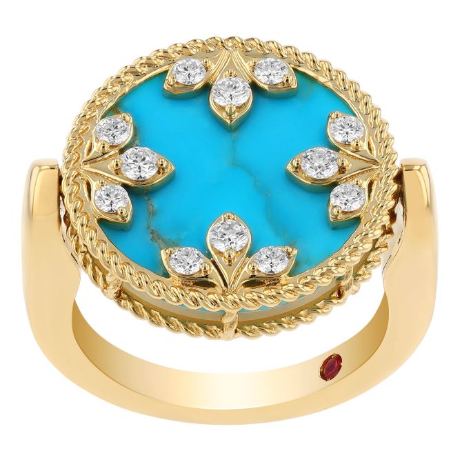 Roberto Coin Diamond, Turquoise, & Mother of Pearl Reversible Ring in Yellow Gold