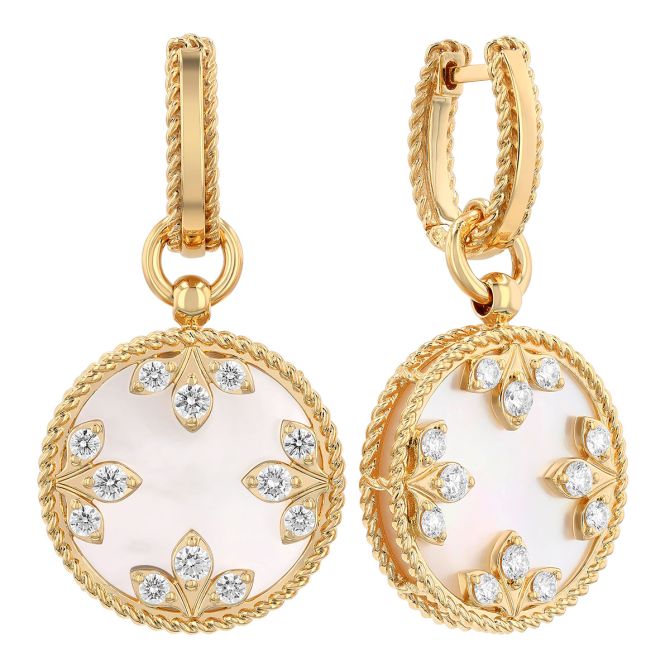 Roberto Coin Diamond & Mother of Pearl Circle Dangle Hoop Earrings in Yellow Gold