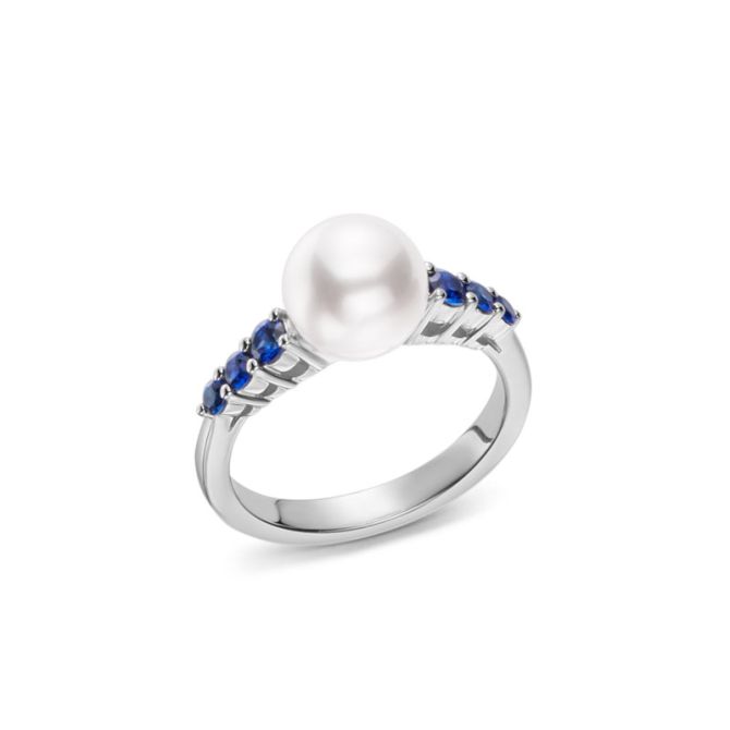 Mikimoto Akoya Cultured Pearl & Sapphire Ring in White Gold