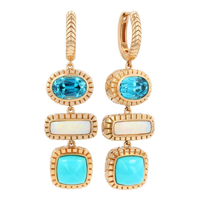 Harwell Godfrey Zircon, Turquoise & Opal Totem Drop Earrings in Yellow Gold