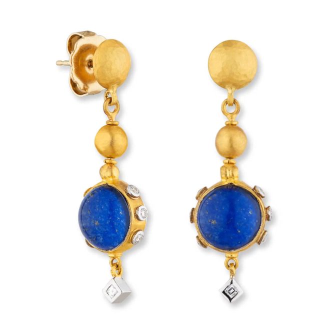 Lika Behar Day-N-Night Cabochon Lapis, Mother of Pearl, & Diamond Dangle Earrings in Yellow Gold