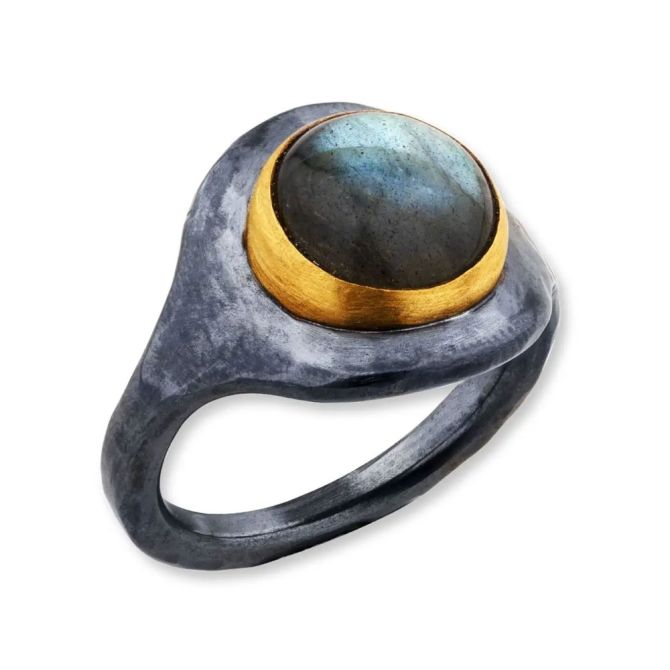 Lika Behar Jellybonbon Round Cabochon Labradorite Ring in Oxidized Silver & Yellow Gold