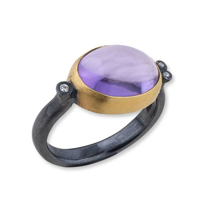 Lika Behar Rajasthan Oval Cabochon Amethyst & Diamond Accent Ring in Yellow Gold & Oxidized Silver