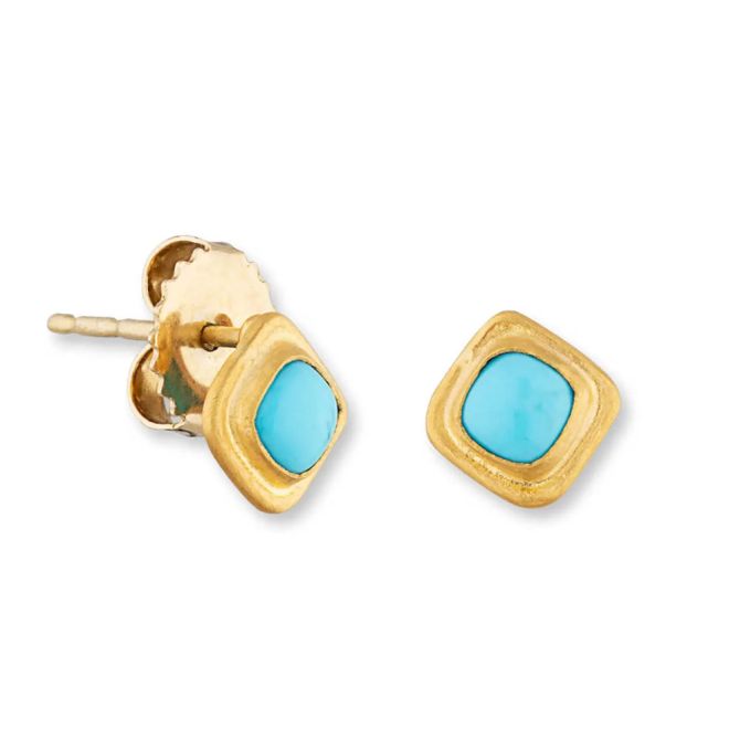 Lika Behar Sloane Cushion Cabochon Turquoise Stud Earrings in Yellow Gold