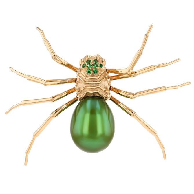 Green Freshwater Cultured Pearl & Tsavorite Garnet Spider Brooch in Yellow Gold