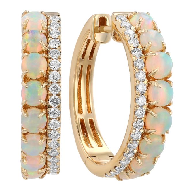 White Opal & Diamond 2 Row Huggie Hoop Earrings in Yellow Gold