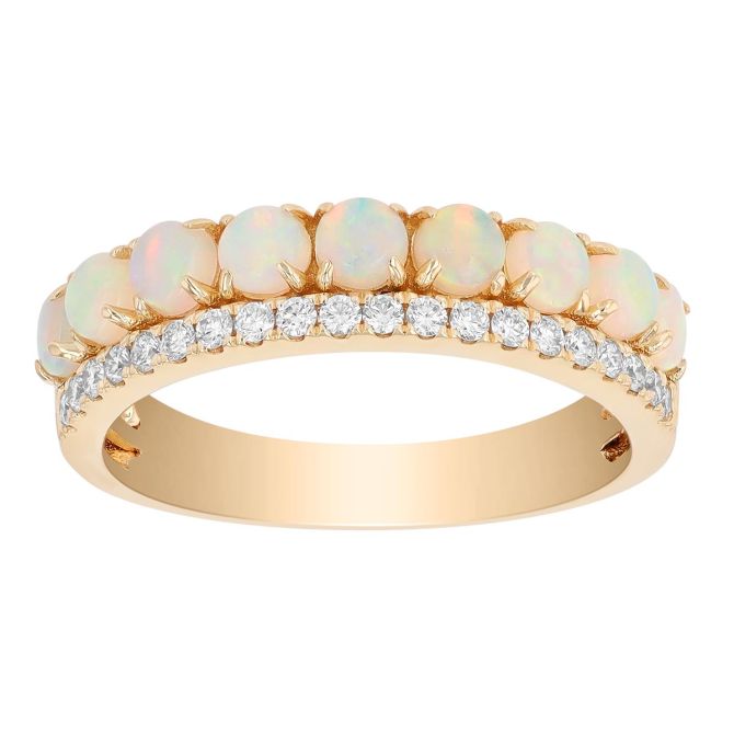 White Opal & Diamond 2 Row Band Ring in Yellow Gold