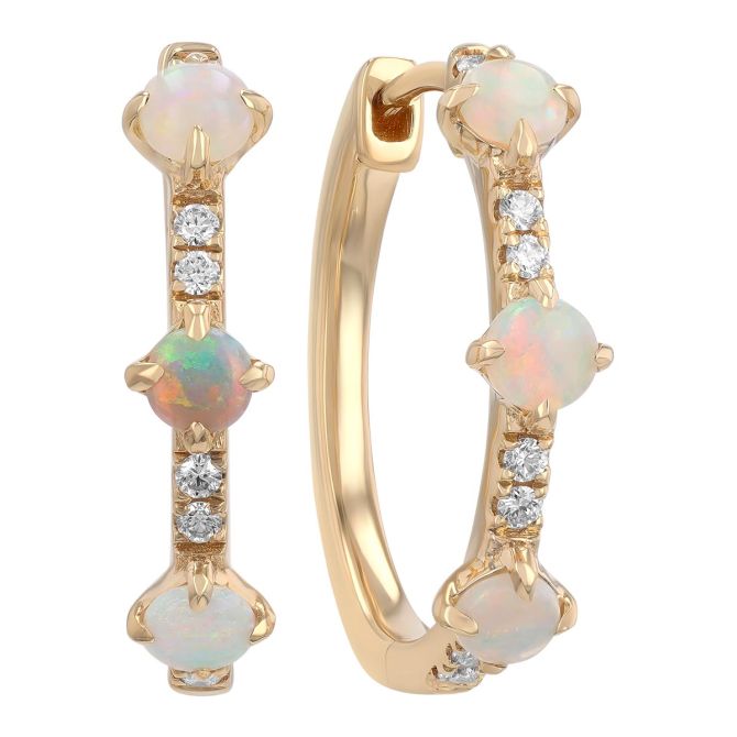 White Opal & Diamond Huggie Hoop Earrings in Yellow Gold