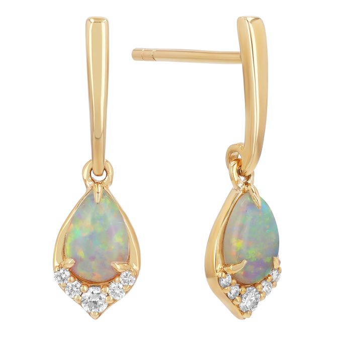 Pear Shaped White Opal & Diamond Dangle Earrings in Yellow Gold