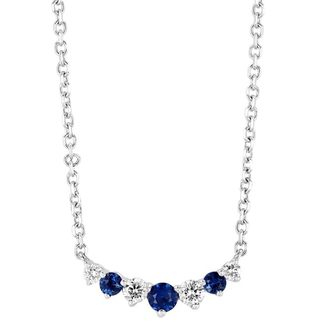 Sapphire & Diamond Graduated Curved Bar Necklace in White Gold, 18"