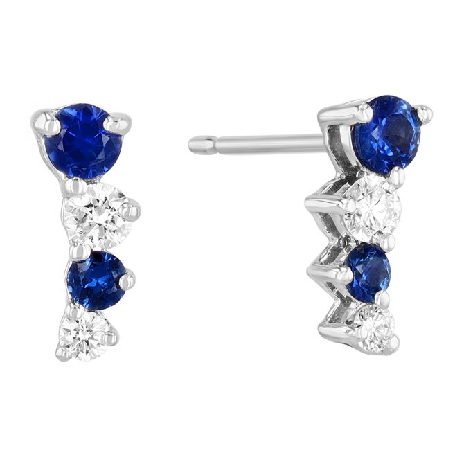 Graduated Round Sapphire & Diamond Climber Stud Earrings in White Gold