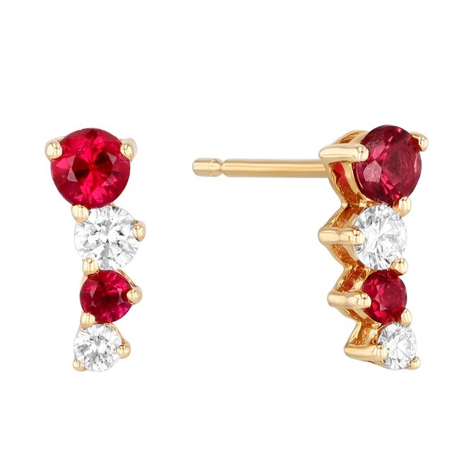 Graduated Round Ruby & Diamond Climber Stud Earrings in Yellow Gold