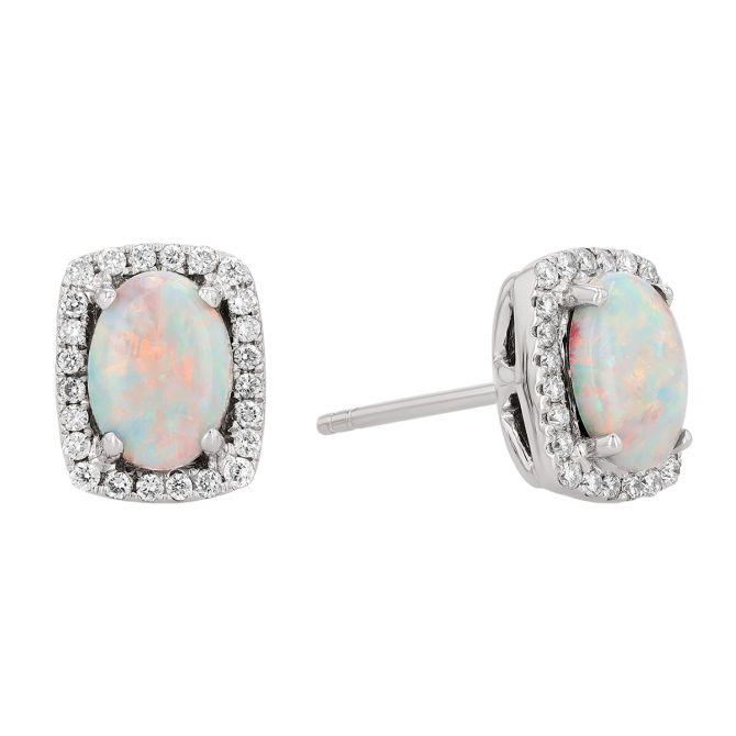 Oval White Opal & Diamond Rectangle Halo Stud Earrings in White Gold