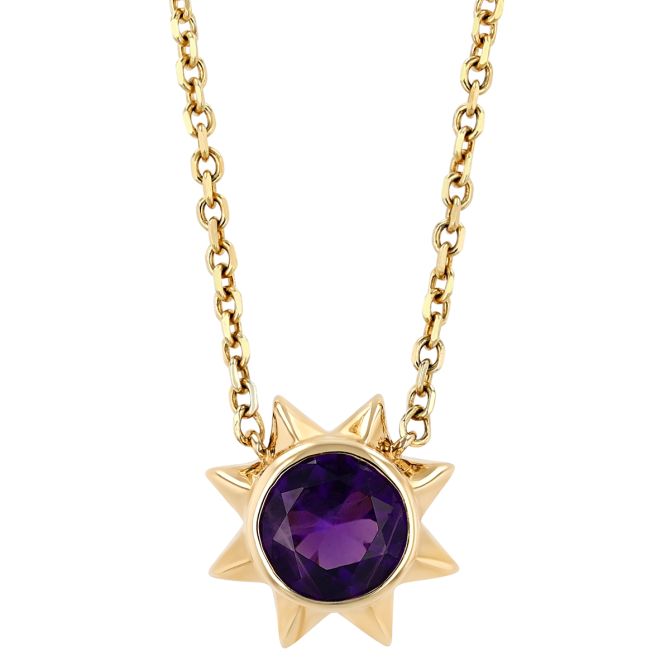 Round Amethyst Sun Necklace in Yellow Gold, 18"