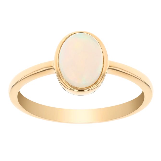 Oval White Opal Bezel Set Ring in Yellow Gold