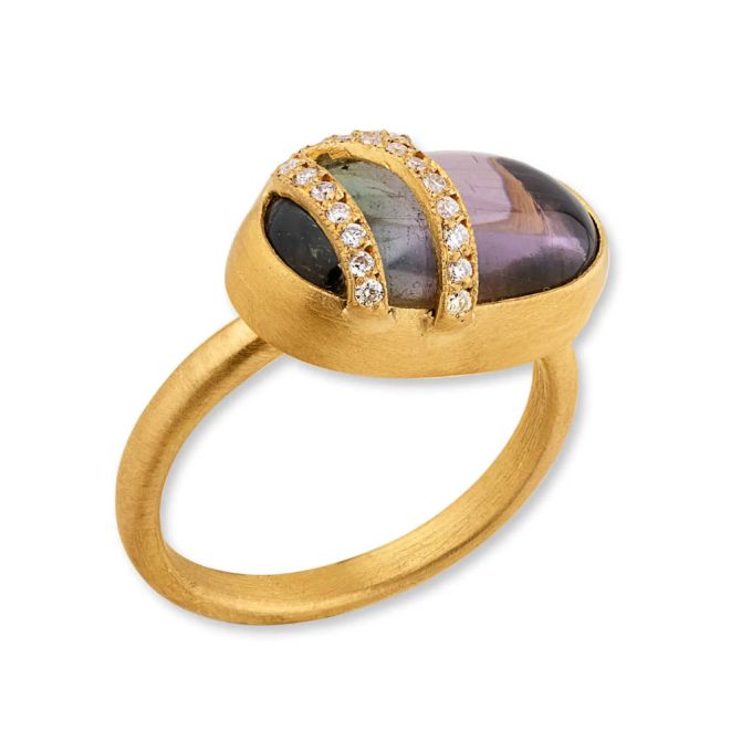 Lika Behar Oval Cabochon Watermelon Tourmaline & Diamond Ring in Yellow Gold