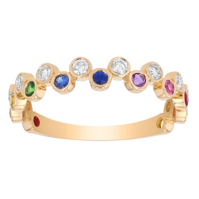 Multicolored Rainbow Sapphire & Diamond Bezel Set Band Ring in Yellow Gold