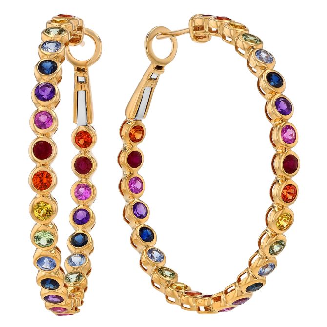 Multicolored Sapphire, Ruby & Amethyst Bezel Set In & Out Hoop Earrings in Yellow Gold