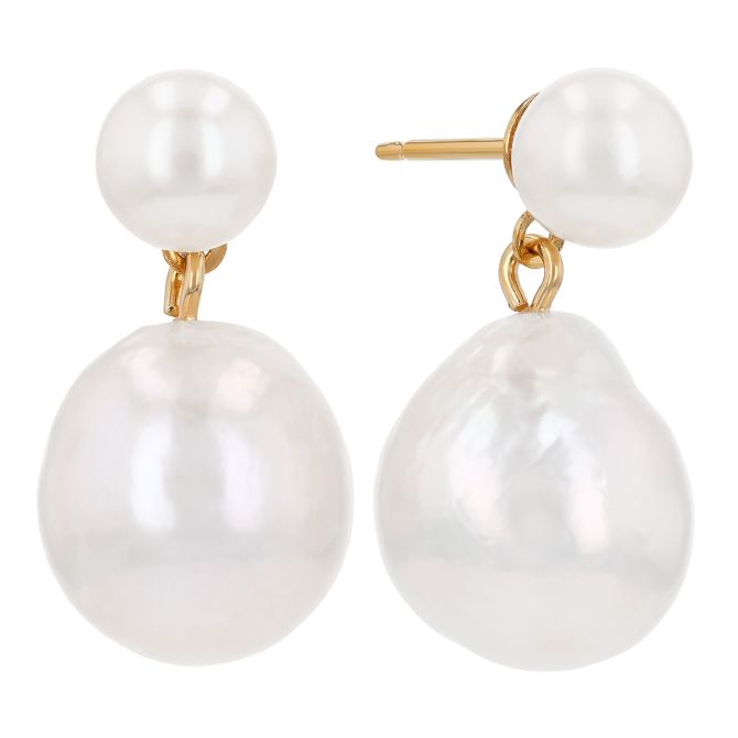 White Baroque Cultured Pearl Double Drop Earrings in Yellow Gold