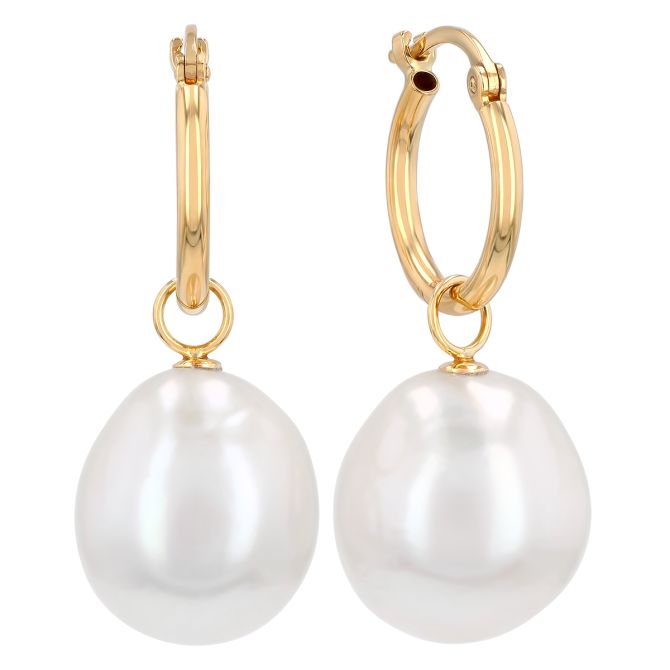 Cultured Pearl Dangle Huggie Earrings in Yellow Gold