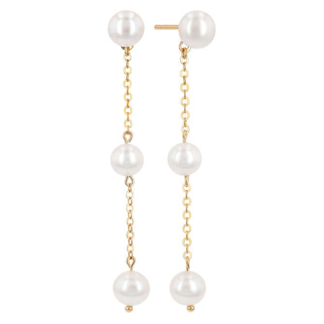 Cultured Pearl Trio & Chain Long Drop Earrings in Yellow Gold