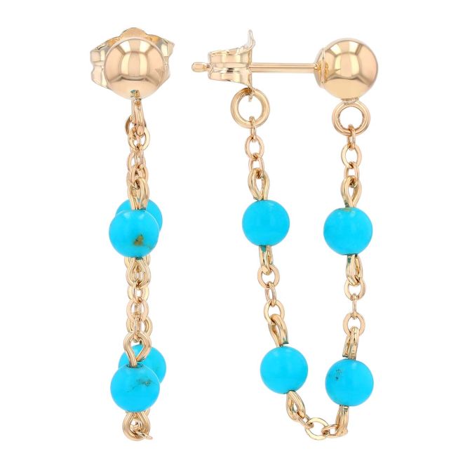 Turquoise Cultured Pearl Front-to-Back Chain Dangle Earrings in Yellow Gold