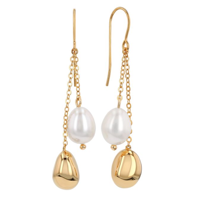 Freshwater Cultured Pearl & Yellow Gold Pebble Double Chain Dangle Earrings