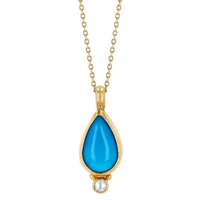 Gurhan Pear Shape Cabochon Turquoise & Rose Cut Diamond Pendant in Yellow Gold, 18'