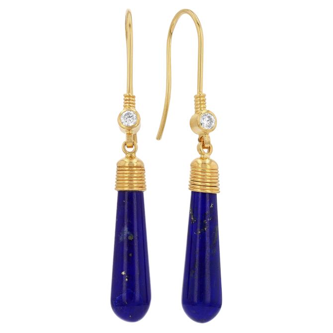 Gurhan Blue Lapis & Diamond Long Dangle Earrings in Yellow Gold