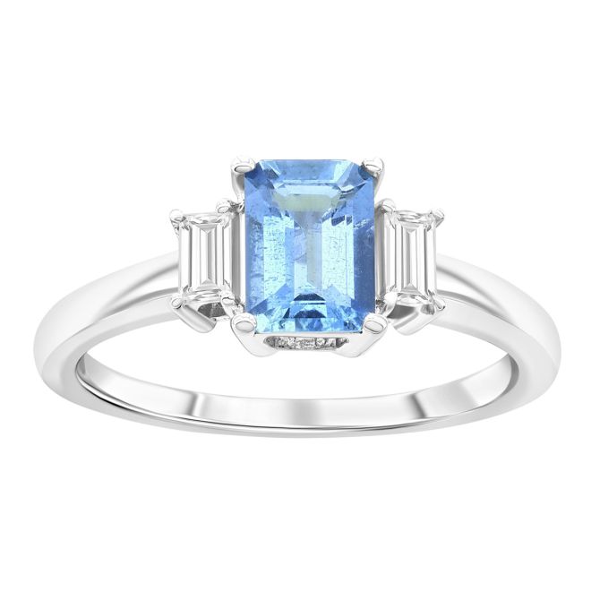 Emerald Cut Aquamarine & Diamond Side Stone Ring in White Gold