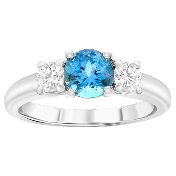 Round Aquamarine & Diamond Side Stone Ring in White Gold