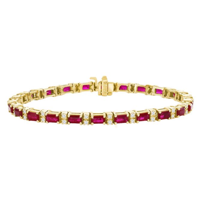 Emerald Cut Ruby & Diamond Tennis Bracelet in Yellow Gold