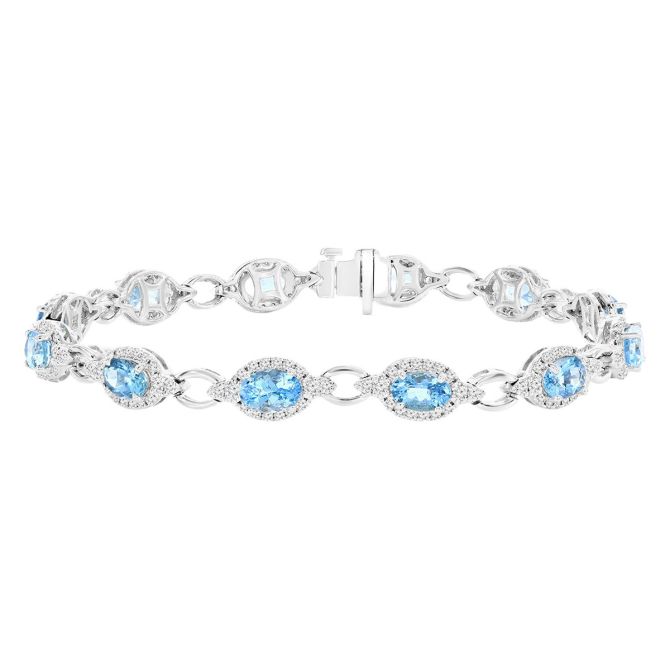 Oval Aquamarine & Diamond Halo Link Bracelet in White Gold