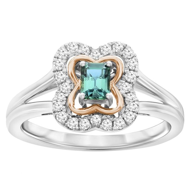 Emerald Cut Alexandrite & Diamond Clover Ring in Two Tone